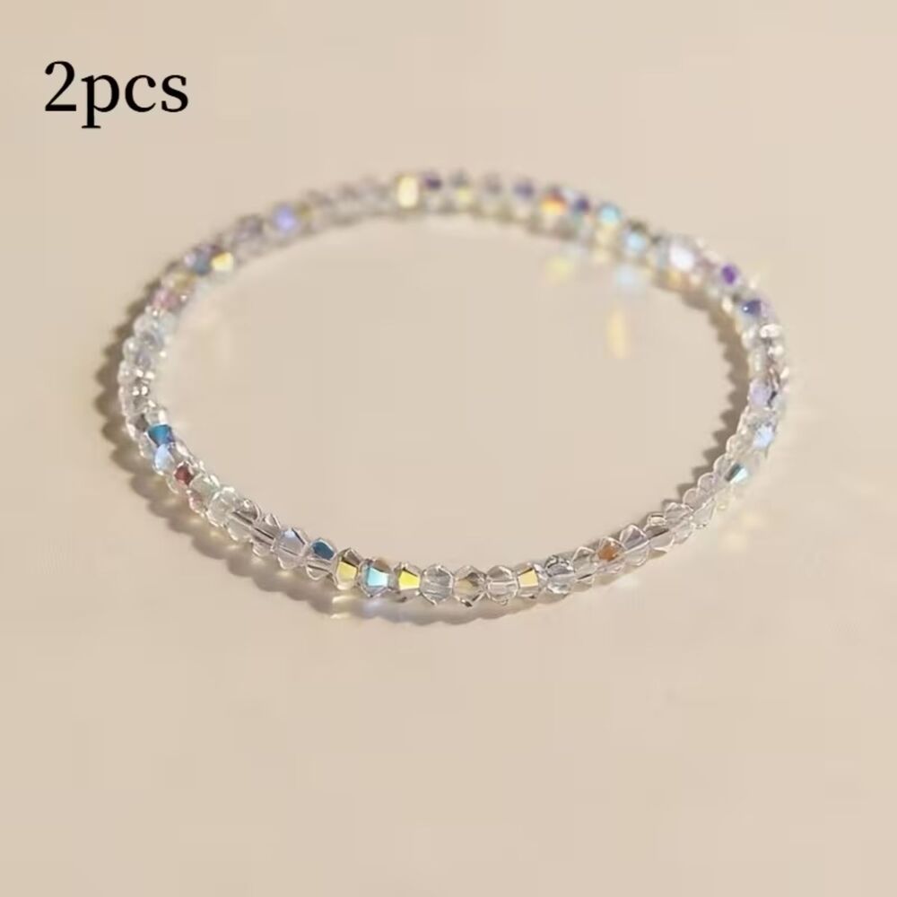 2 pc Translucent White Beaded Stretch Bracelet 4mm Shiny Thin Layer Crystal Boho